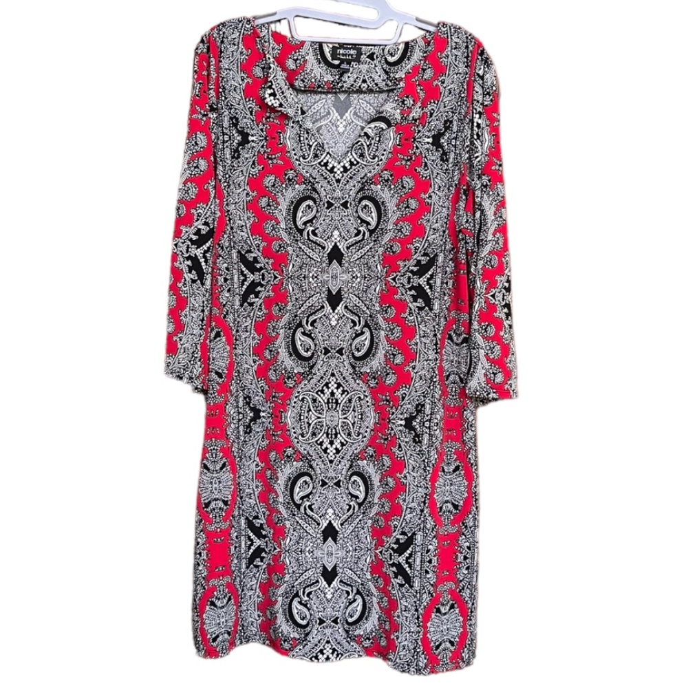 Nicole By Nicole Miller Red Paisley Abstract 3/4 Sleeve Shift Midi Dress Size L